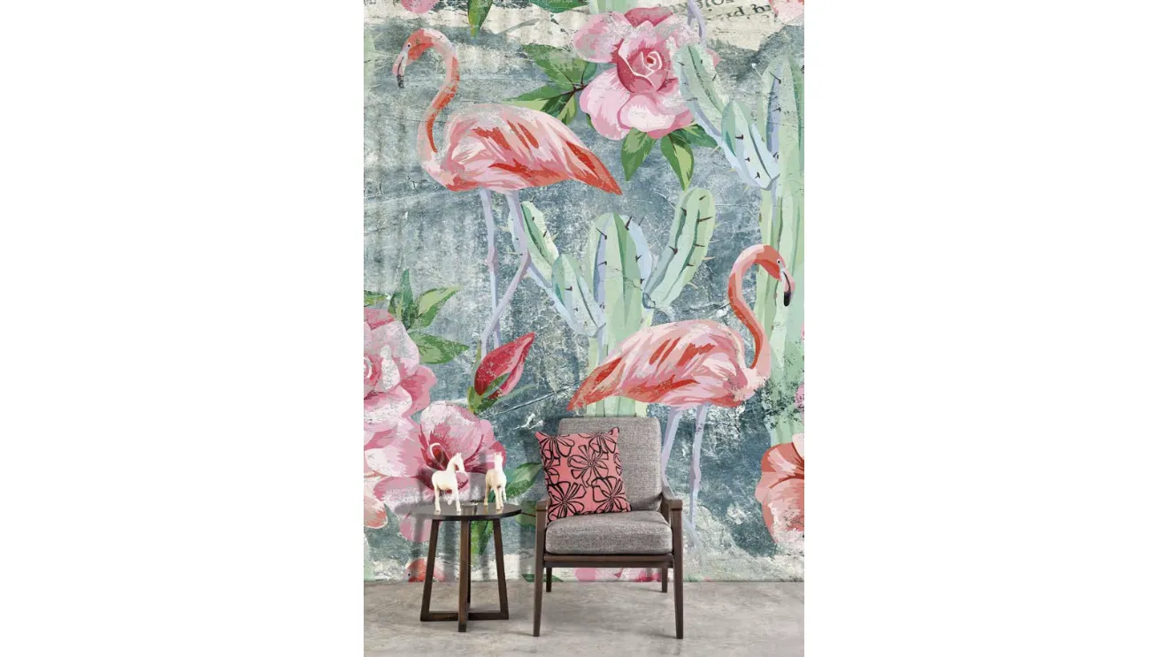 Carta da parati Animals CP0282 con fenicotteri e rose di Pintdecor