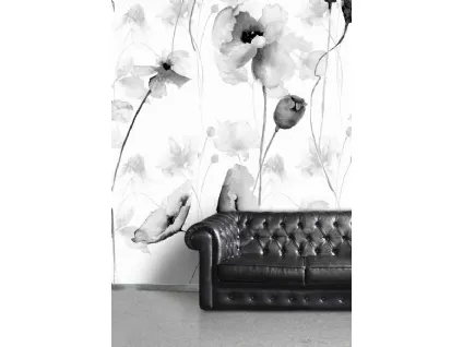 Carta da parati Grafiche Floreali CP0126 con papaveri acquarellati in bianco e nero di Pintdecor