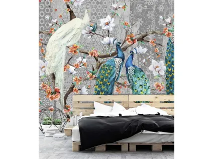 Carta da parati Oriental Birds CP0284 con pavoni e fiori di Pintdecor