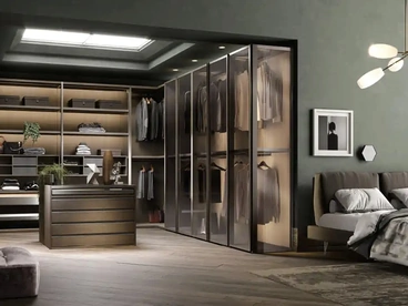 Cabina armadio Antares A122 in nobilitato rovere con ante in vetro di Moretti Compact Giorno Notte