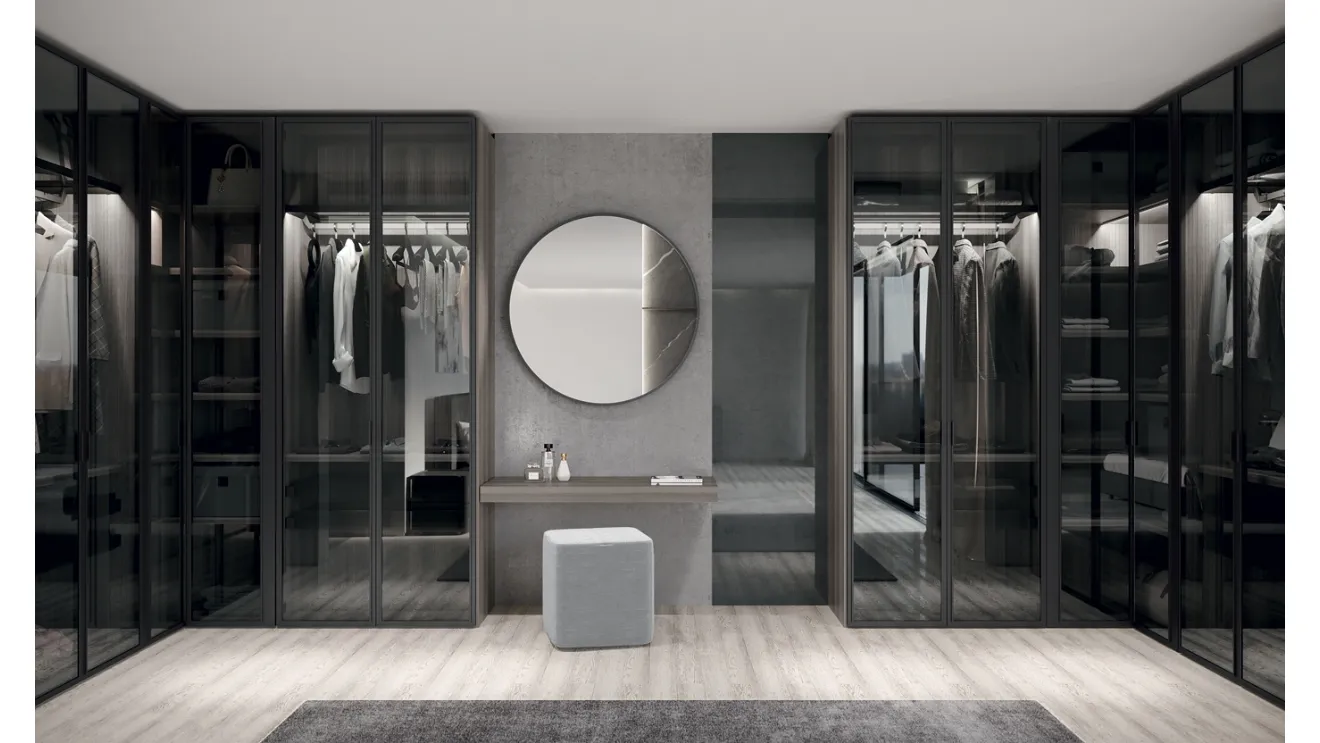 Cabina Armadio in Eucalipto argento con anta battente in metallo Carbon grey e vetro Ombra fumé Aurora di Febal