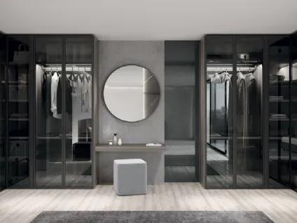 Cabina Armadio in Eucalipto argento con anta battente in metallo Carbon grey e vetro Ombra fumé Aurora di Febal