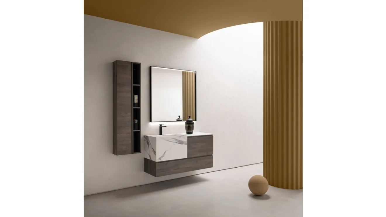 Mobile da Bagno sospeso in nobilitato effetto legno con vasca in HPL effetto marmo B-GO BG011 di Compab