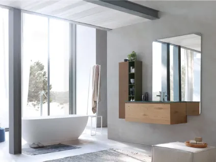 Mobile da Bagno sospeso La Fenice 12 in rovere nodato naturale con top in cristallo extralight Verde bosco con lavabo integrato di Arcom