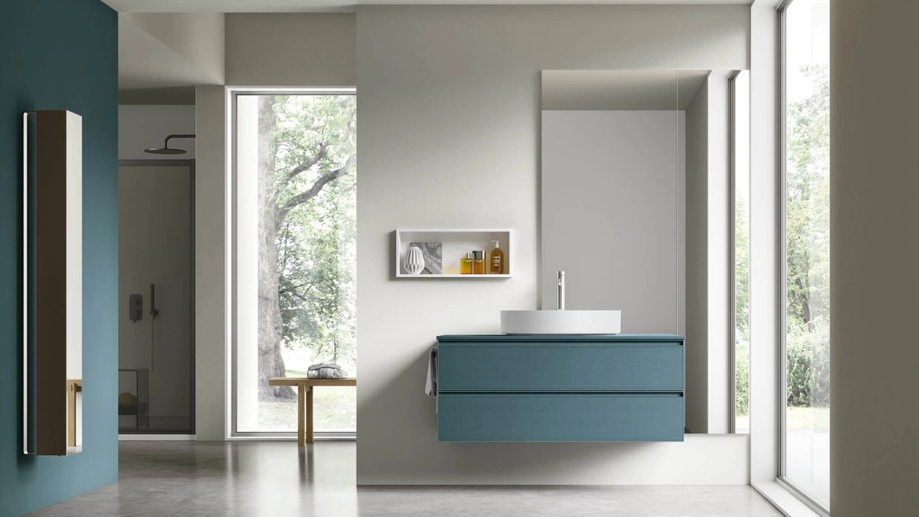 Mobile da Bagno sospeso Shape 29 in rovere laccato ottanio di Arcom