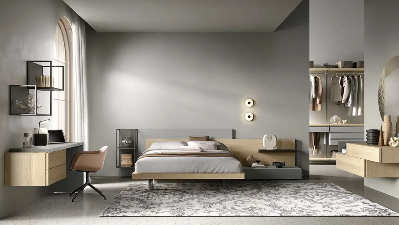 Letto Bipanel M13 in rovere miele e laccato cemento di Moretti Compact Giorno Notte