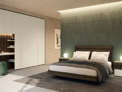 Letto matrimoniale in nobilitato Eucalipto con testiera in doppio pannello e illuminazione Led integrata Nouvelle di Febal