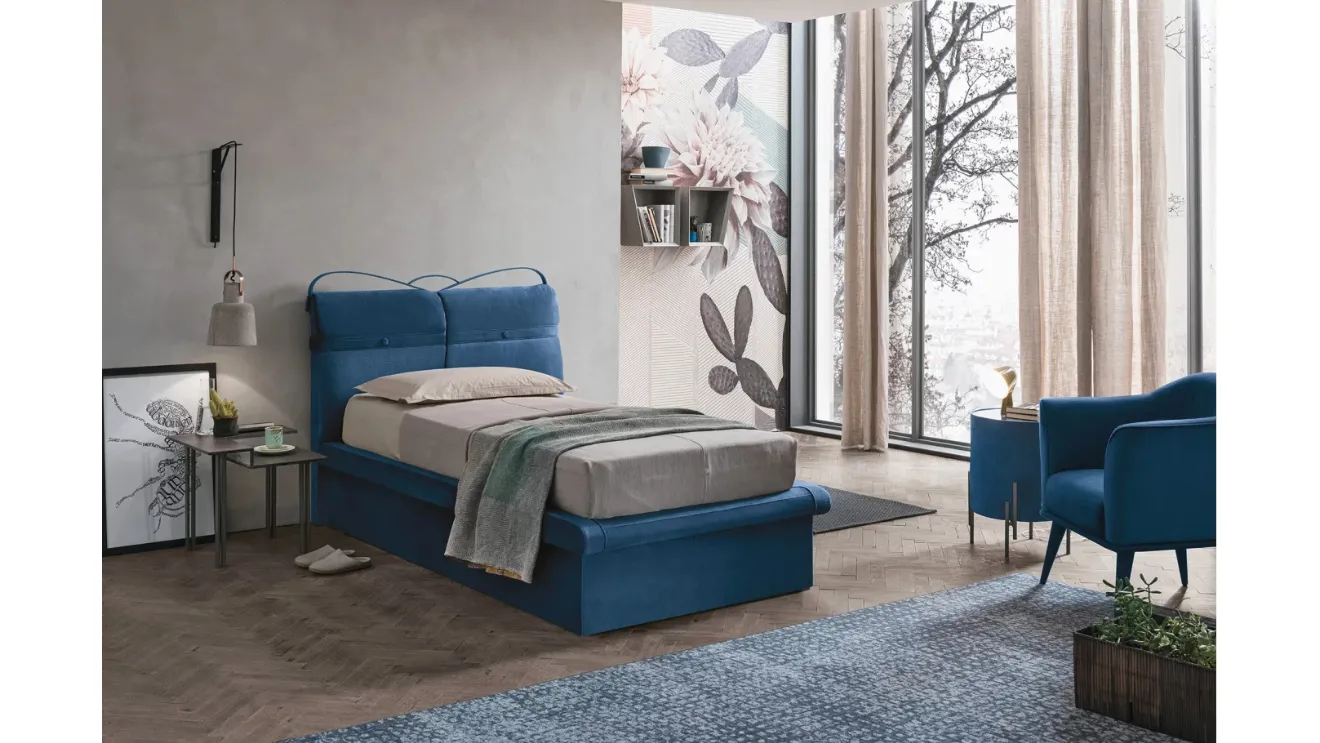 Letto singolo con testiera in tessuto imbottito e contenitore Corfù Plus di Target Point