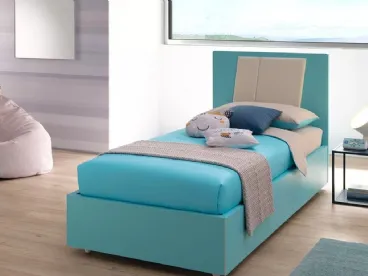 Letto con testiera SC115 in laccato Cielo con testiera Plane Ray con inserto in ecopelle di Moretti Compact