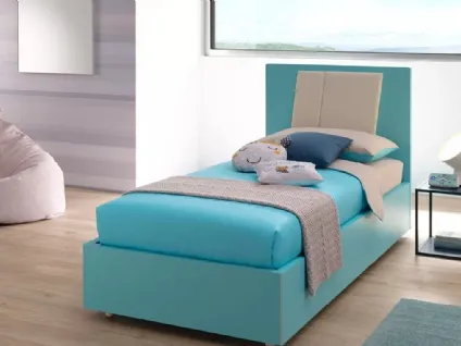 Letto con testiera SC115 in laccato Cielo con testiera Plane Ray con inserto in ecopelle di Moretti Compact
