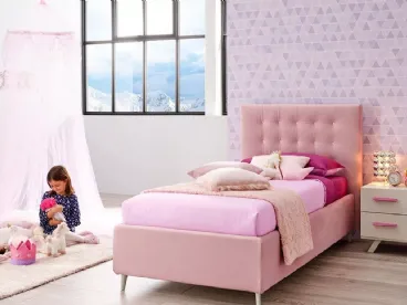 Letto singolo in velluto color rosa con imbottitura in capitonnè SC201 di Moretti Compact
