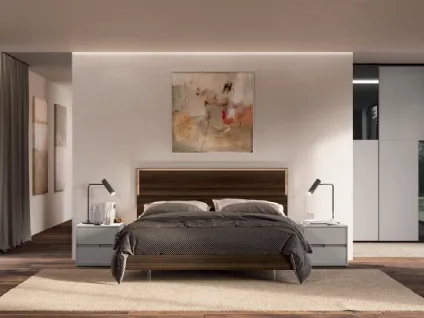 Letto matrimoniale con testiera in nobilitato Eucalipto con inserto dotato di illuminazione integrata Soave di Febal