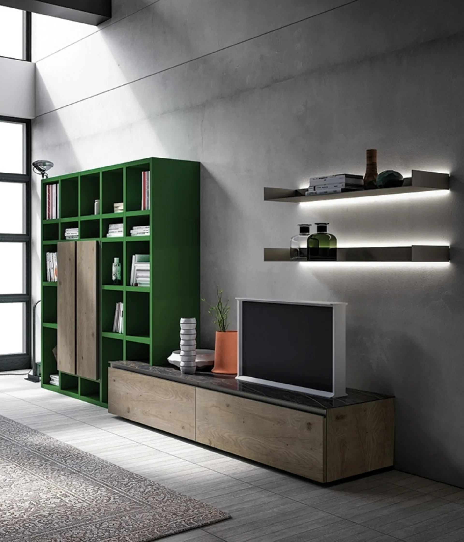 Libreria Speed Up Comp 01 in Rovere Cenere e laccato Verde Foglia di  Dall'Agnese