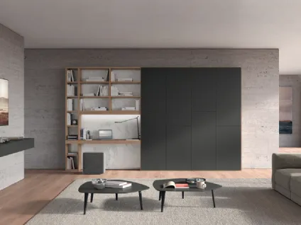 Libreria a muro in laccato opaco Grigio fango con scrivania e ripiani in nobilitato Noce gold Trenta 04 di Febal