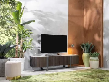 Mobile Porta Tv Andromeda in MDF impiallacciato finitura ebano con top in ceramica marmo calacatta oro di Stones