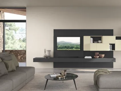 Parete Attrezzata con boiserie a terra in laccato opaco Grigio antracite e pensili in nobilitato Desert Diciotto 01 di Febal