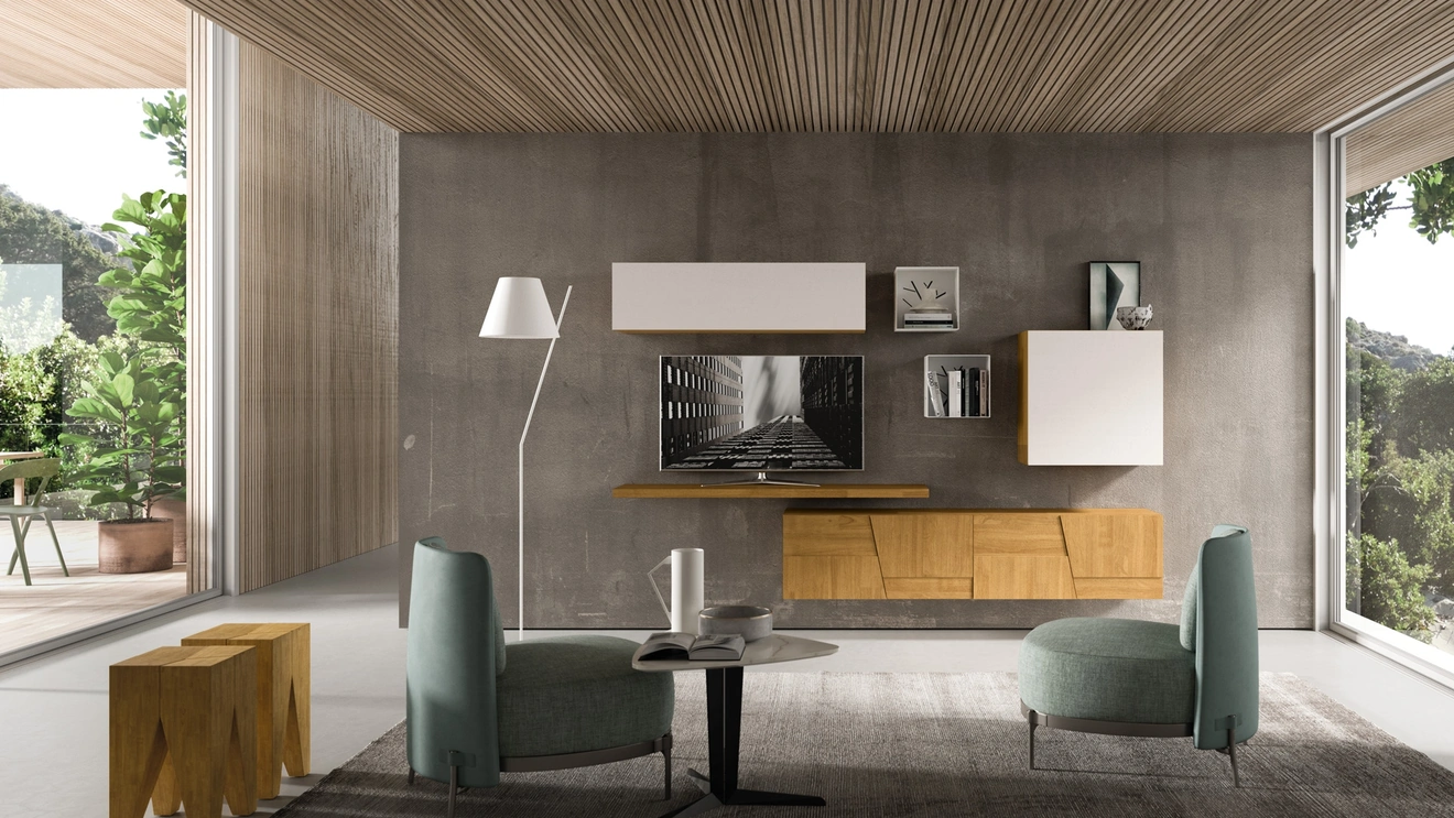 Parete Attrezzata sospesa Mixer 04 in legno e laccato di FGF Mobili