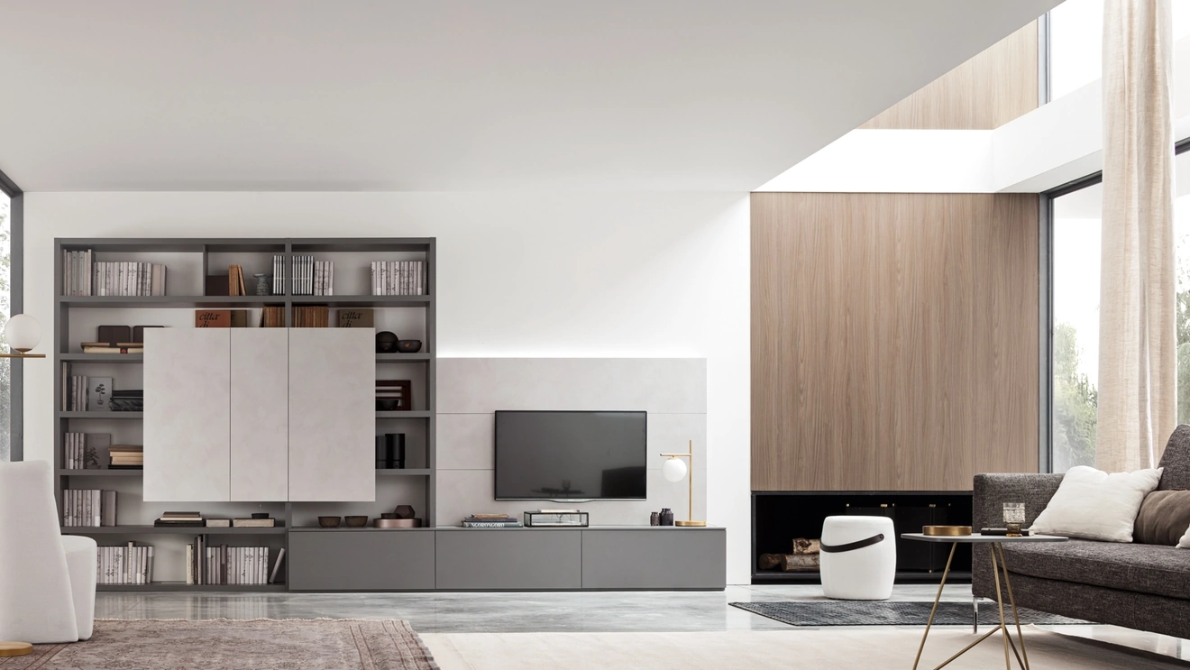 Parete Attrezzata Seta Spalla SA2203 in melaminico Grafite e Cemento Grigio di Maronese Acf