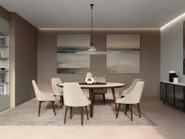 Tavolo rotondo con top in gres lucido Calacatta, piano girevole in Eucalipto e base in Frassino Perseo di Febal