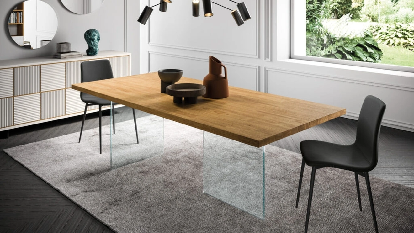 Tavolo Ghost in legno di rovere con base in vetro trasparente di FGF Mobili