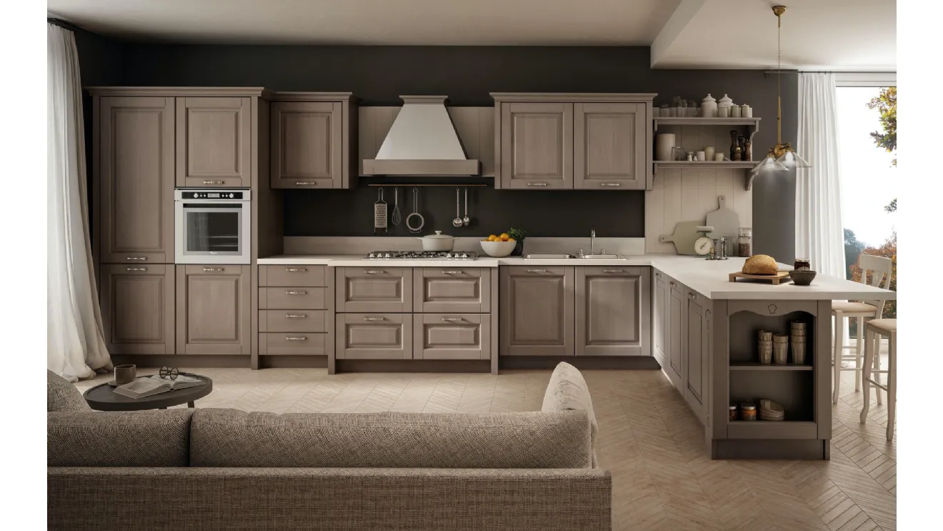 Cucina Classica Bolgheri v3 in Rovere Finitura Cuvèe, Maniglia Argento Antico, Top Laminato Luserna Bianco di Stosa