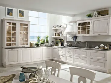 Cucina Classica Bolgheri v4 in Rovere Finitura Bianco Cotone, Maniglia MX0A, Top Marmo Grabla Levigato di Stosa