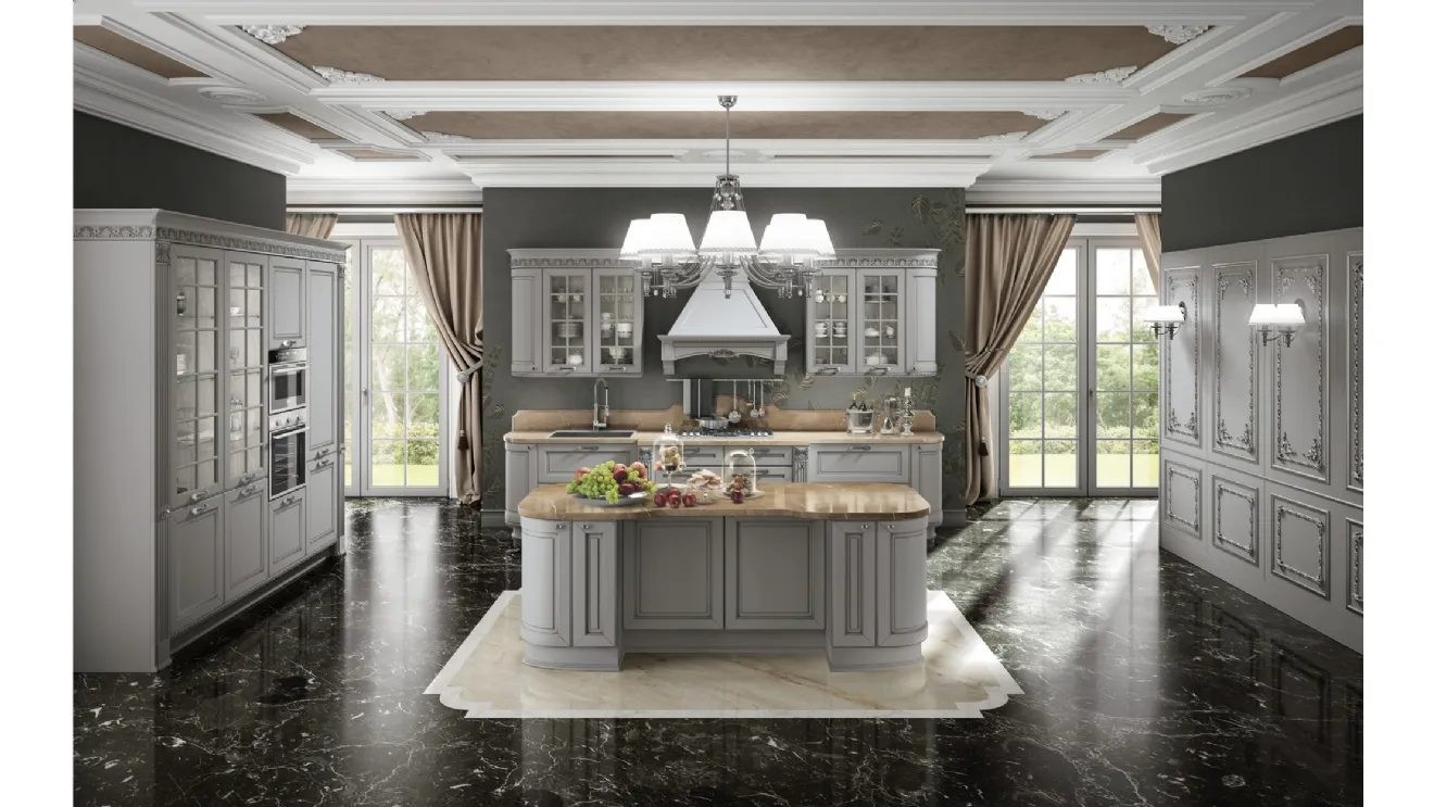 Cucina Classica Dolcevita v12 in Laccato Laguna filo Argento, Top marmo Bronze Amani, Maniglie finitura Cromo lucido con Strass di Stosa