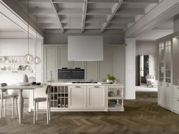 Cucina Classica Dolcevita v2 Laccato Avorio e Laccato Zinco, Top Neolith Calacatta Silk, Piano snack e gambone sagomato in Laccato Zinco opaco, Maniglie in finitura Argento inglese di Stosa