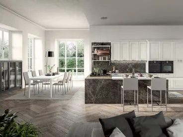 Cucina Classica angolare con penisola in legno di Frassino laccato Bianco a poro aperto e laminato effetto marmo Emma di Arredo3