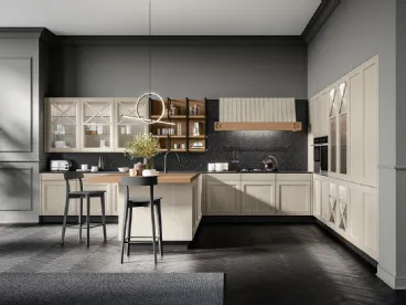Cucina Classica angolare Frida classic in Frassino massello finitura decapè Fieno con top in quarzo di Arredo3