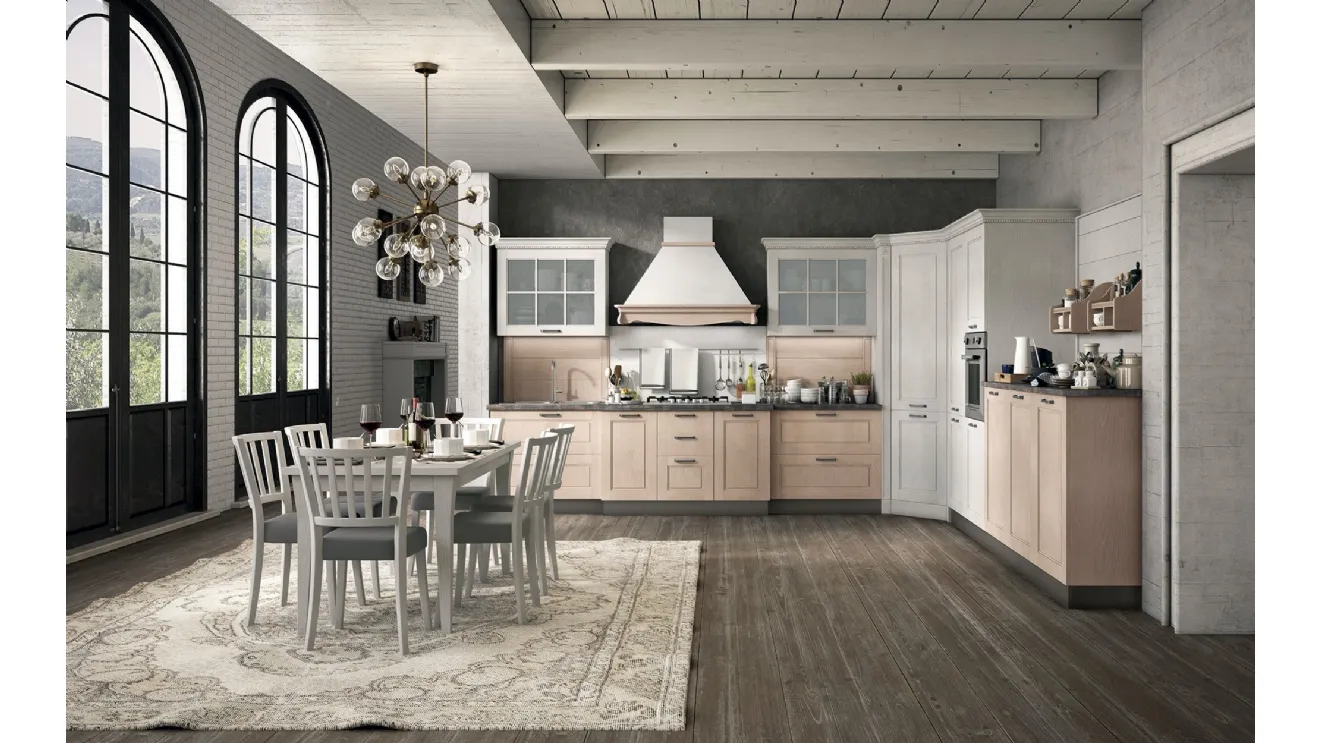 Cucina Classica ad angolo Virginia v04 in Frassino finitura Cipria e Perla di Stosa