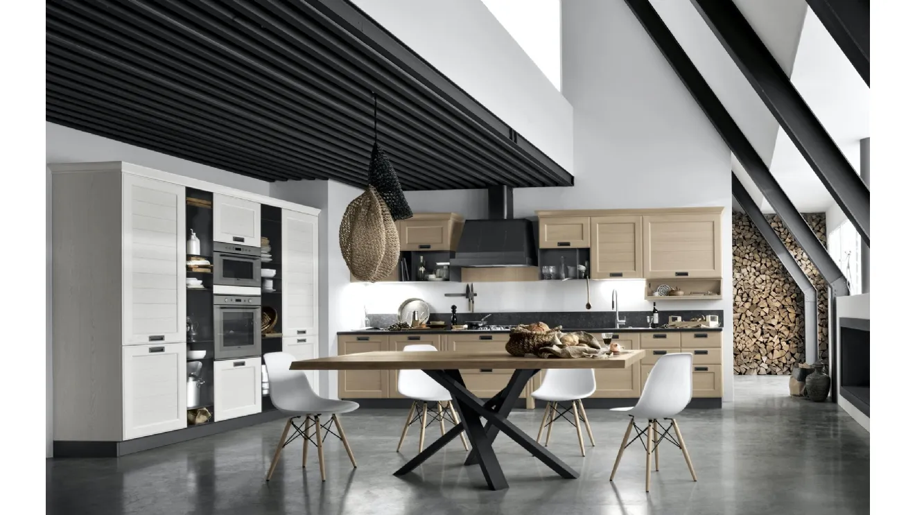 Cucina Classica York v4 Anta Dogata Rovere Nordic, Anta Dogata Rovere Bianco Artic, Maniglia ad incasso MTAB di Stosa