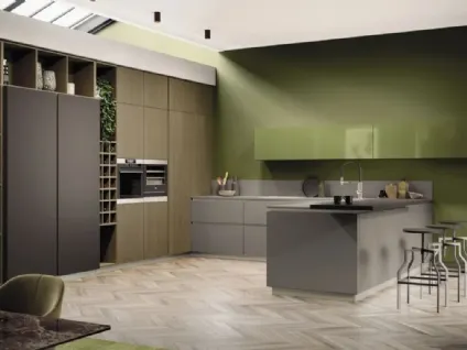 Cucina Moderna AL 32 08 in Fenix Grigio Londra e pensili in Vetro Verde Oliva di Arrex