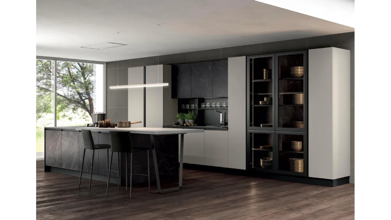 Cucina Moderna in laccato opaco con isola in nobilitato effetto pietra Aria di Febal