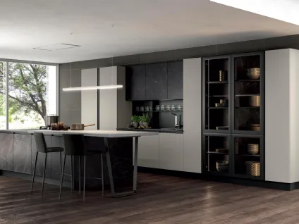 Cucina Moderna in laccato opaco con isola in nobilitato effetto pietra Aria di Febal