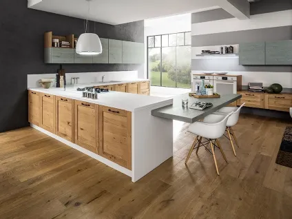 Cucina Moderna angolare con penisola Curry in Rovere Naturale e laccato Bianco di Arrex