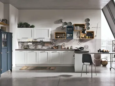 Cucina Moderna City v14 Natural Wood, Wood Blu Navy e Pet Bianco assoluto opaco di Stosa