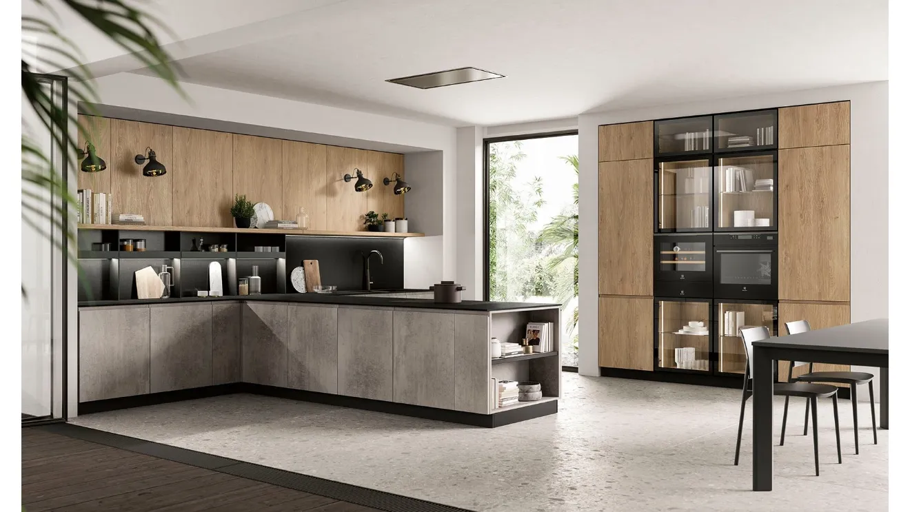 Cucina Moderna con penisola Pura 01 in nobilitato finitura Cemento e Royal Oak di Colombini Casa Artec