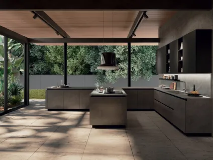 Cucina Moderna angolare in nobilitato effetto cemento Ego Line 01 di Febal