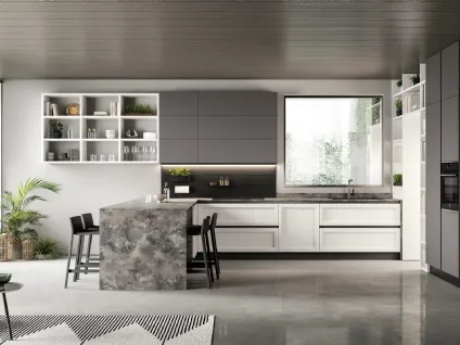 Cucina Moderna con penisola Futura 01 in laccato opaco e Frassino Bianco di Colombini Casa Artec
