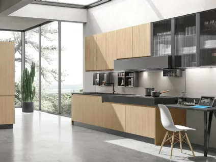 Cucina Moderna ad angolo Karma v05 in Termo Strutturato Rovere Essenza con top in HPL Ossido di Stosa