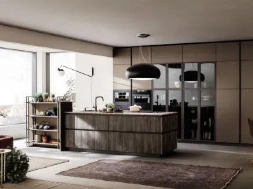 Cucina Moderna lineare Lab con finitura legno Old Oak Petrolio e Metal Bronzo di Arrex