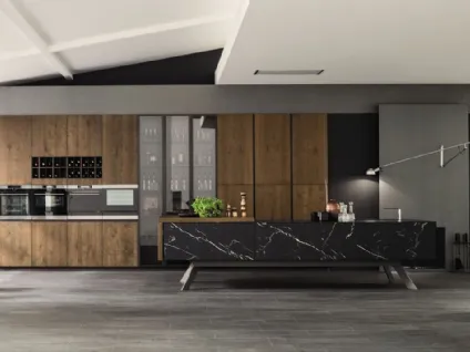 Cucina Moderna lineare Loft Wood Pepe e laminato effetto Marmo di Arrex