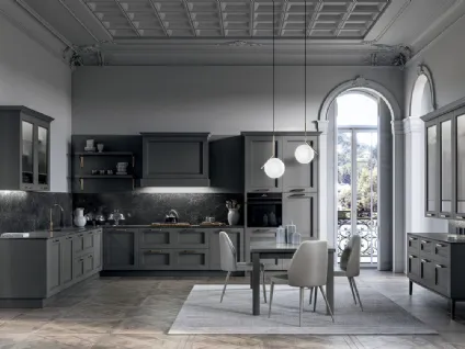 Cucina Moderna angolare in laccato opaco Grigio e top in laminam Nero Greco Meg di Arredo3