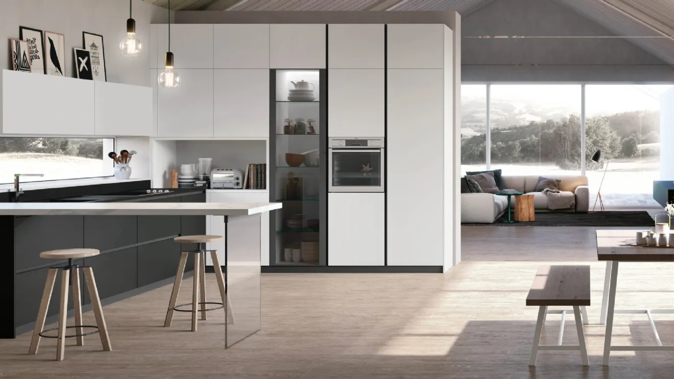 Cucina Moderna ad angolo in Pet Nero e Bianco opaco, top in Fenix Nero e top penisola in laminato Calacatta Metropolis v07 di Stosa