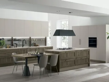 Cucina Moderna con isola City v01 in Termo Strutturato Rovere Liquirizia e Pet Beige Seta di Stosa