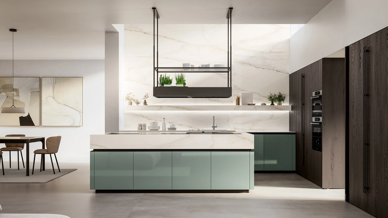 Cucina Moderna in laccato lucido e impiallacciato con isola Time di Arredo3