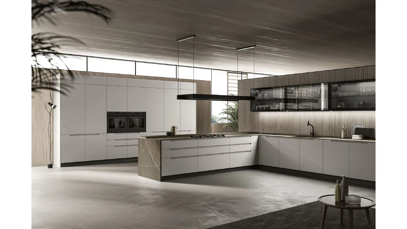 Cucina Moderna con penisola in laccato bianco opaco e top in HPL effetto marmo Traccia 01 di Febal Casa