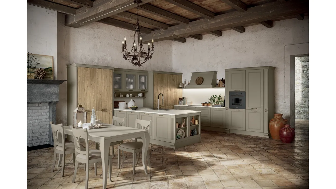 Cucina Shabby Chic angolare con isola in laccato opaco e legno Romantica 04 di Febal
