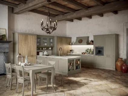 Cucina Shabby Chic angolare con isola in laccato opaco e legno Romantica 04 di Febal